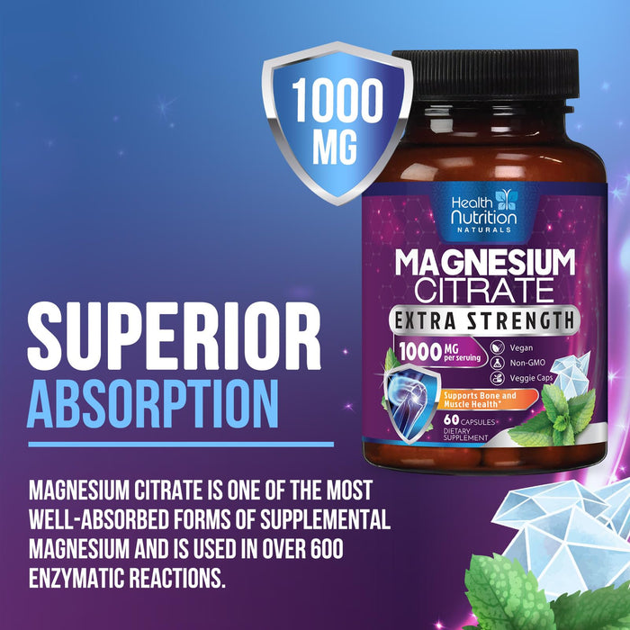 Magnesium Citrate 1000mg - Max Strength Magnesium Capsules for Muscle, Nerve, Bone and Heart Health Support, Natural Sleep Support, High Absorption Citrate Oxide Powder Complex
