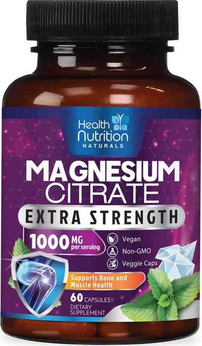 Magnesium Citrate 1000mg - Max Strength Magnesium Capsules for Muscle, Nerve, Bone and Heart Health Support, Natural Sleep Support, High Absorption Citrate Oxide Powder Complex