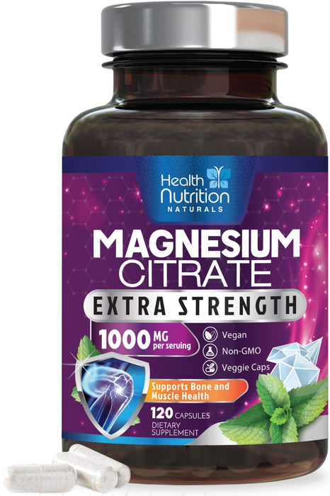 Magnesium Citrate 1000mg - Max Strength Magnesium Capsules for Muscle, Nerve, Bone and Heart Health Support, Natural Sleep Support, High Absorption Citrate Oxide Powder Complex