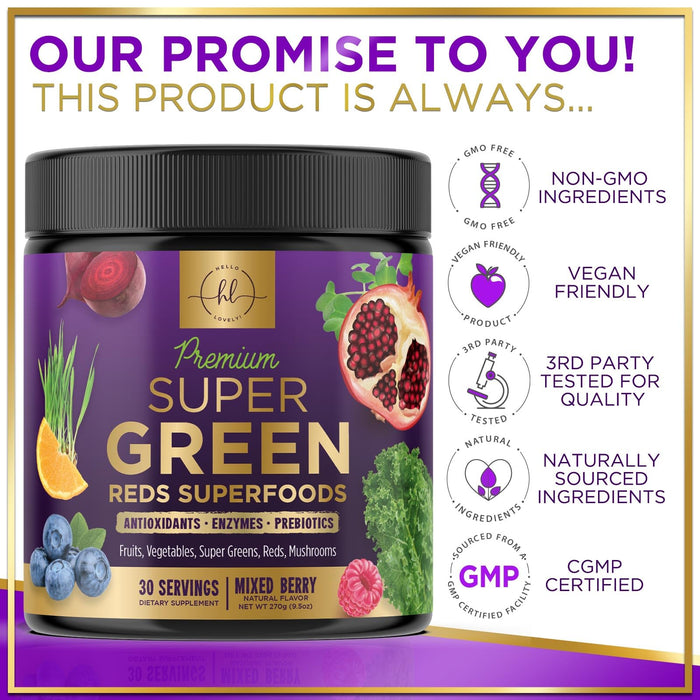 Hello Lovely! Super Greens Powder - Green Blend Drink Smoothie Mix for Energy Support with Superfood Spirulina, Chlorella & Antioxidants, Digestive Enzymes, Vegan, Non-GMO Greens Powder - 30 Servings